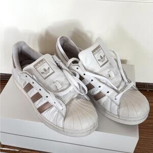 adidas Superstar White with pearlized rose gold stripes and heel 8 W